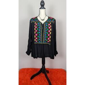 Anu Black Multicolor Embroidered Floral Netted Chest Long Sleeve Blouse Top S